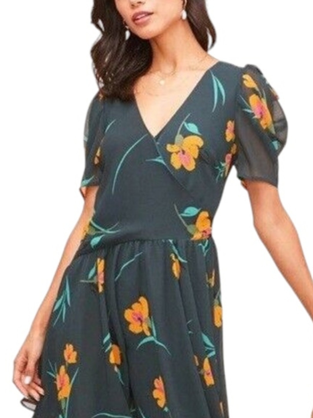 Astr Green Floral V-Neck Mini Dress with Puff Sleeves Size S.